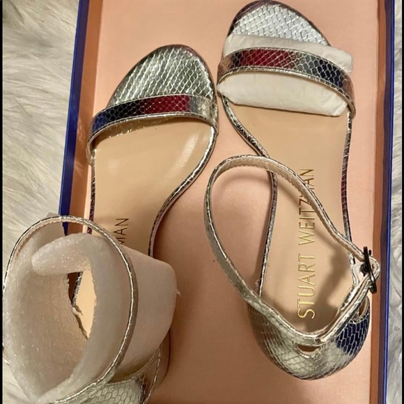 Like New, Stuart Weitzman Simple Snakeskin-Embossed Metallic Leather Sandals - Picture 2 of 5